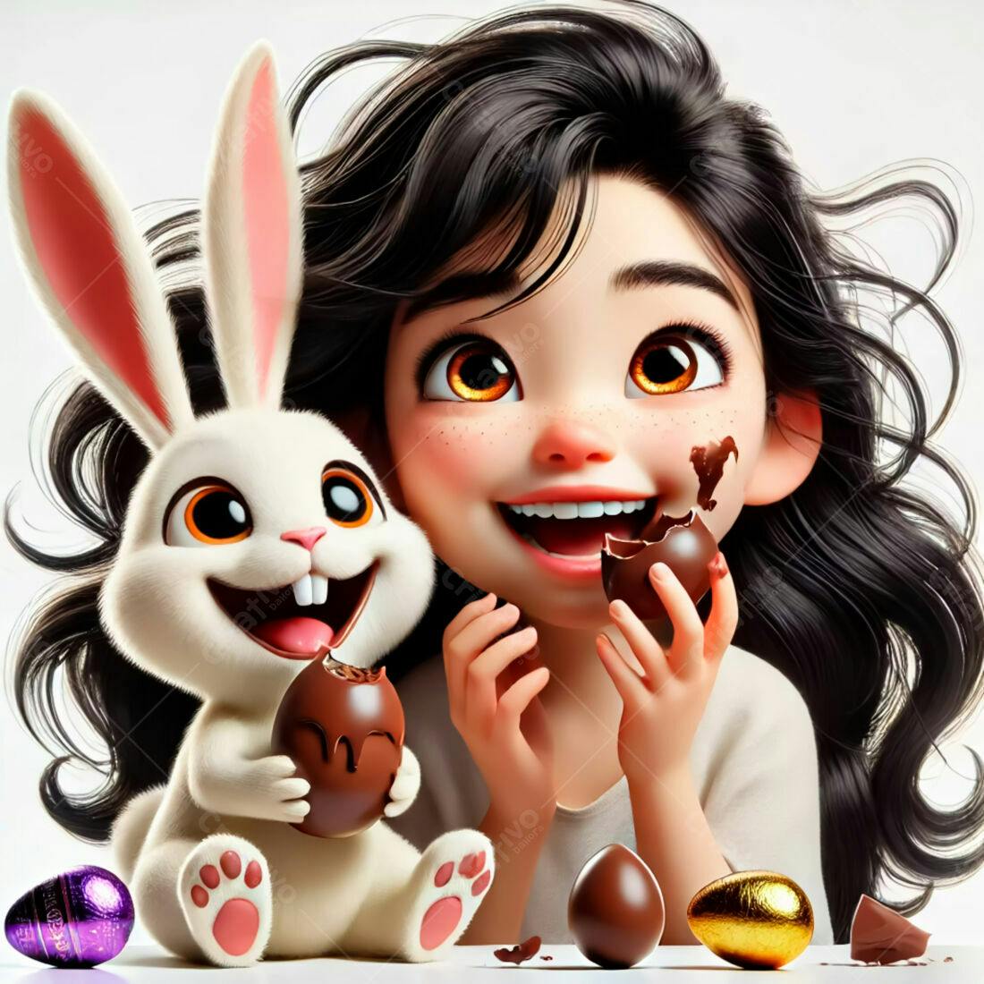 Menina e coelhinho com ovos de chocolate Páscoa