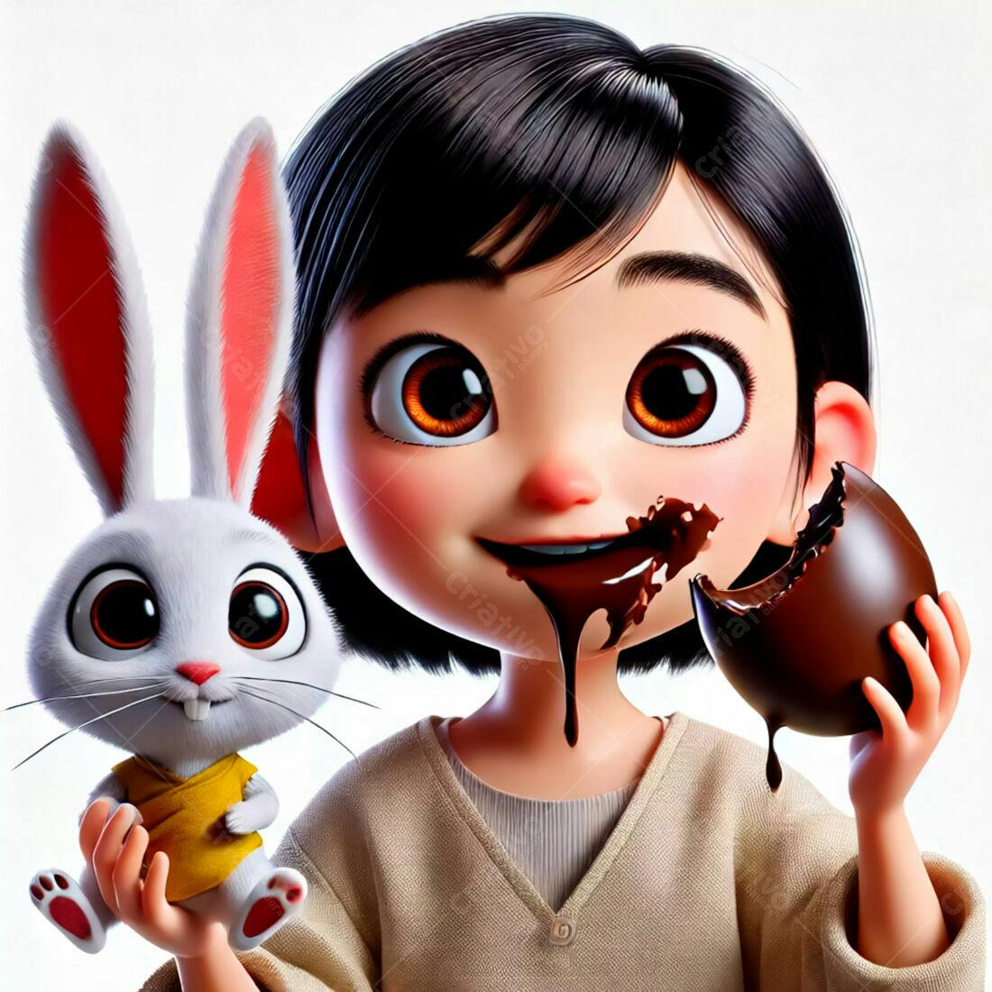 Menina com coelhinho e ovo de chocolate
