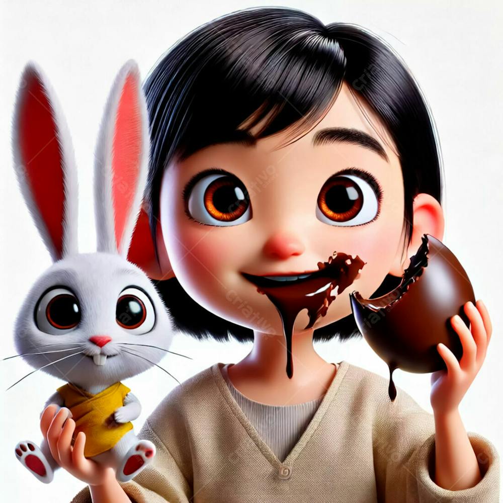 Girl Eating Chocolate With A Rabbit Beside Her