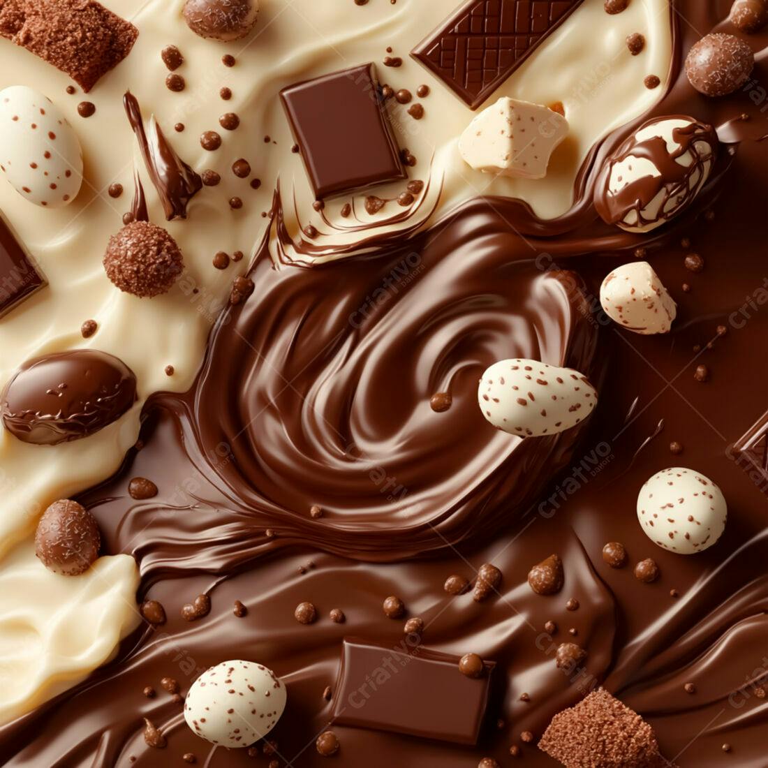 Chocolate derretido com bombons e ovos de páscoa