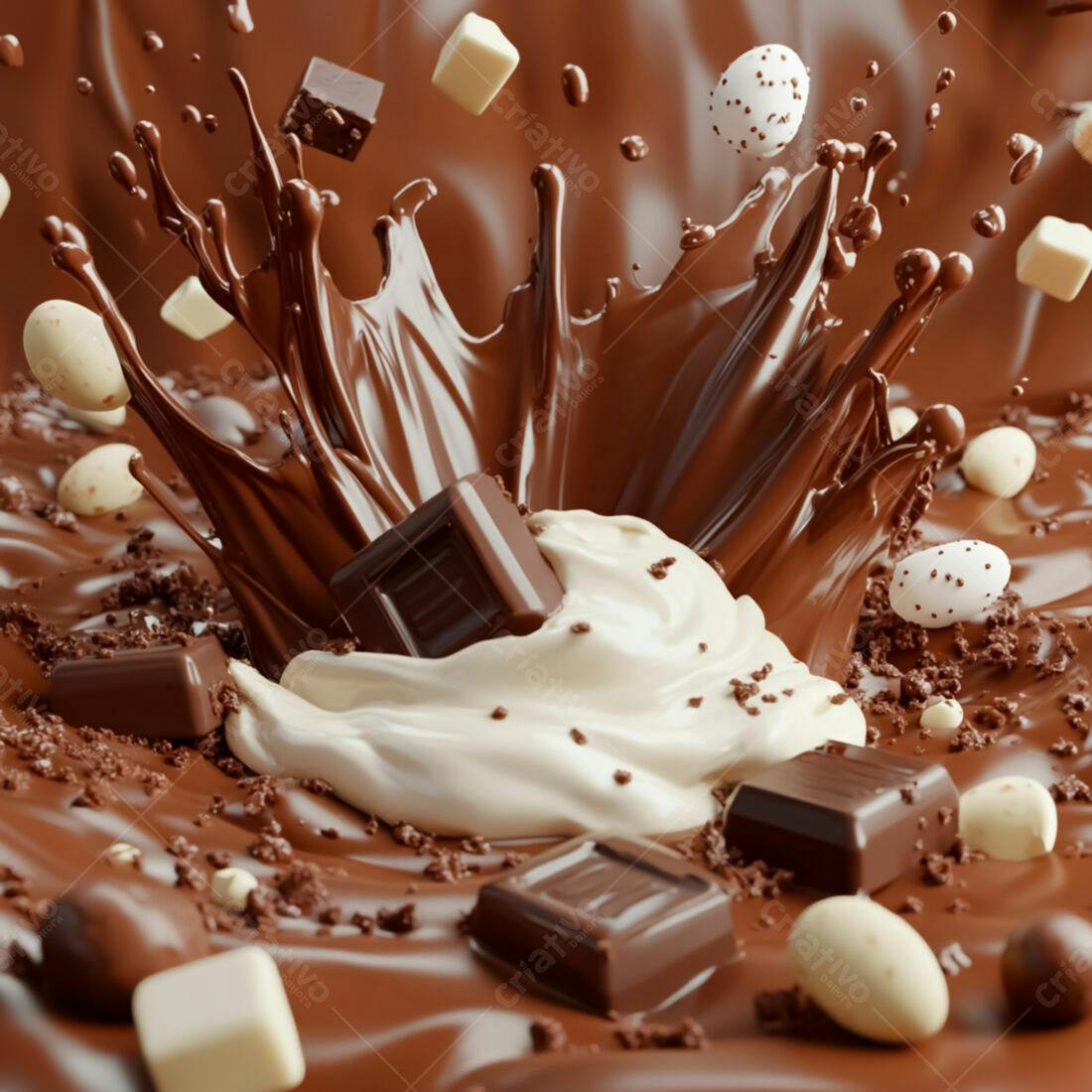 Chocolate derretido com pedaços e ovos de páscoa