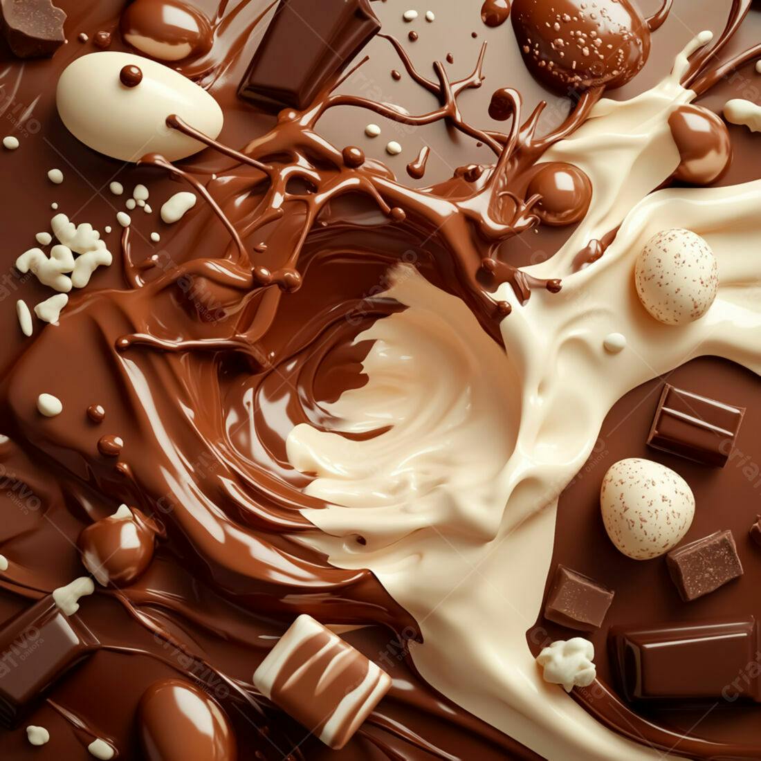 Chocolate derretido marrom e branco com doces