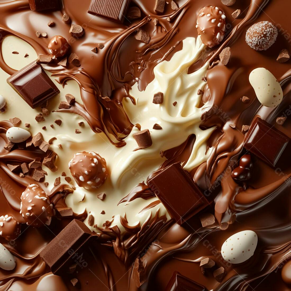 Chocolate derretido com pedaços e bombons