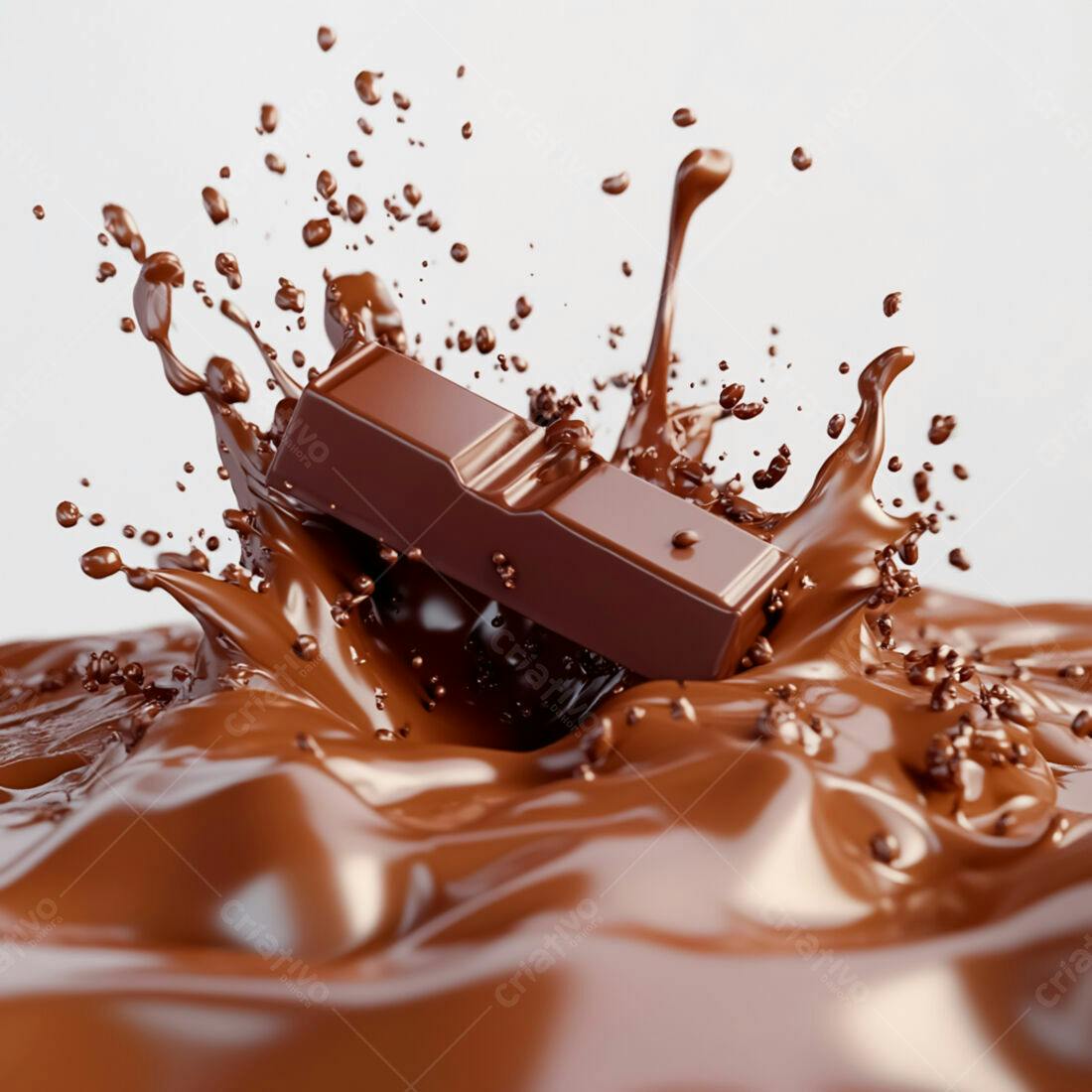 Barra de chocolate caindo em calda cremosa
