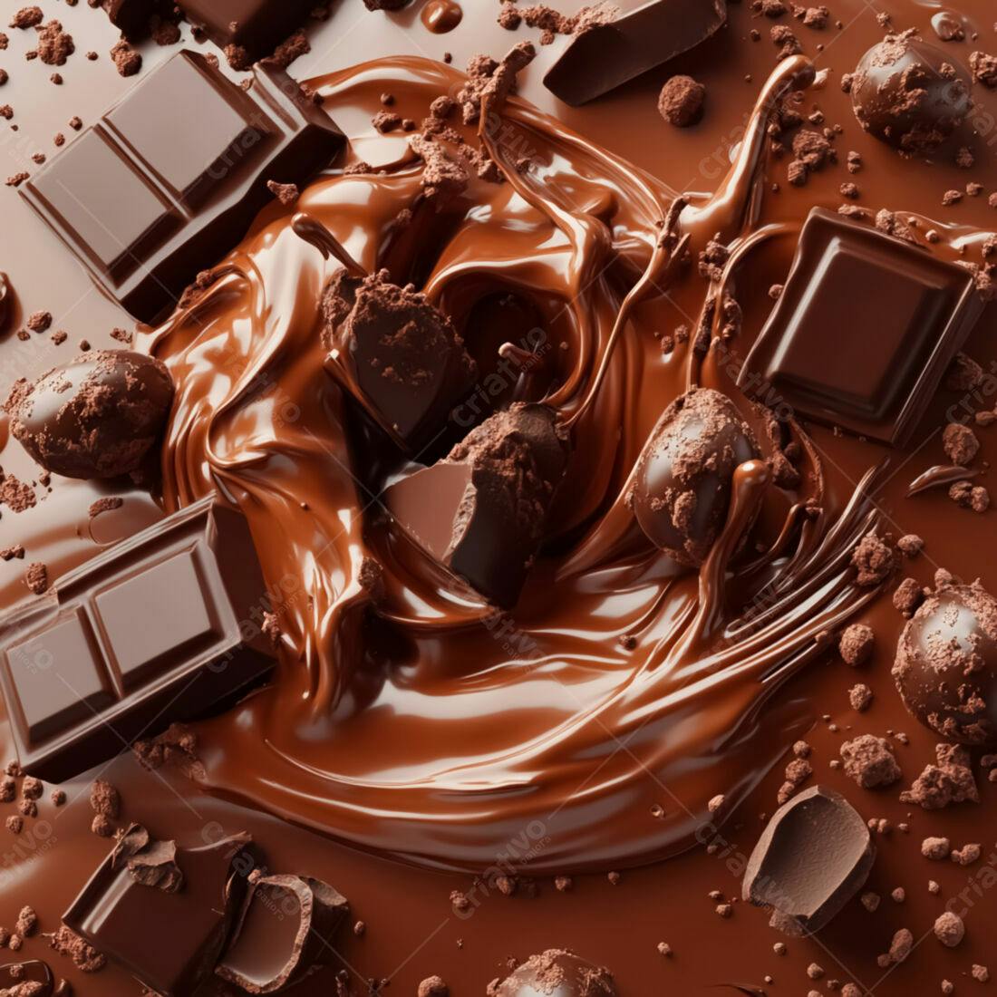 Chocolate derretido com pedaços e trufas