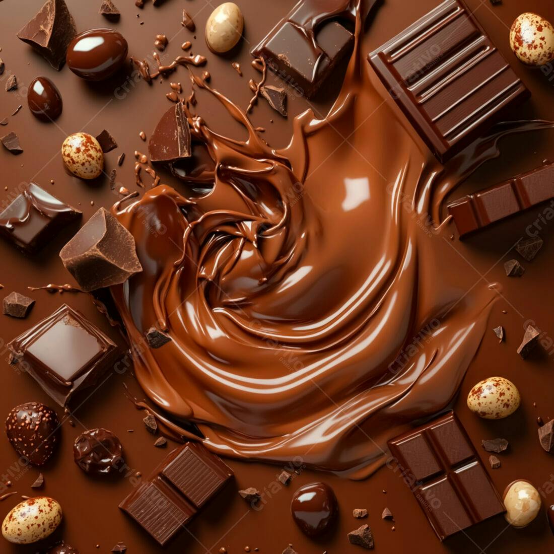 Chocolate derretido com barras e bombons