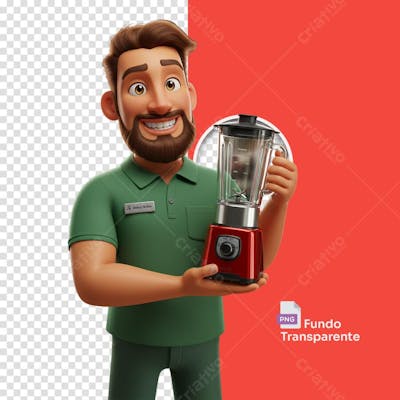 Homem estilo 3D Pixar com camisa verde segurando liquidificador