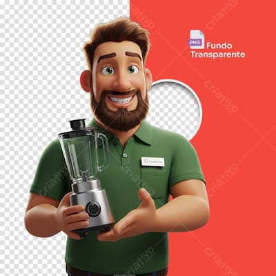 Homem estilo 3D Pixar com camisa verde segurando liquidificador