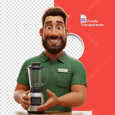 Homem estilo 3D Pixar com camisa verde segurando liquidificador