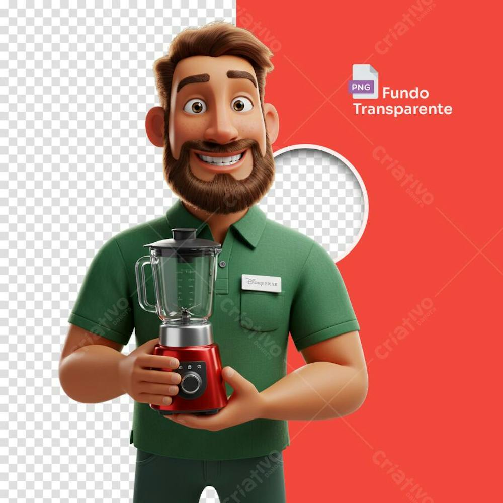 Homem estilo 3D Pixar com camisa verde segurando liquidificador
