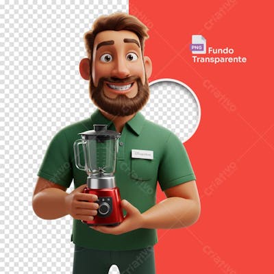 Homem estilo 3D Pixar com camisa verde segurando liquidificador