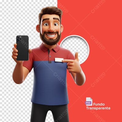 Homem estilo 3D Pixar com camisa azul segurando smartphone