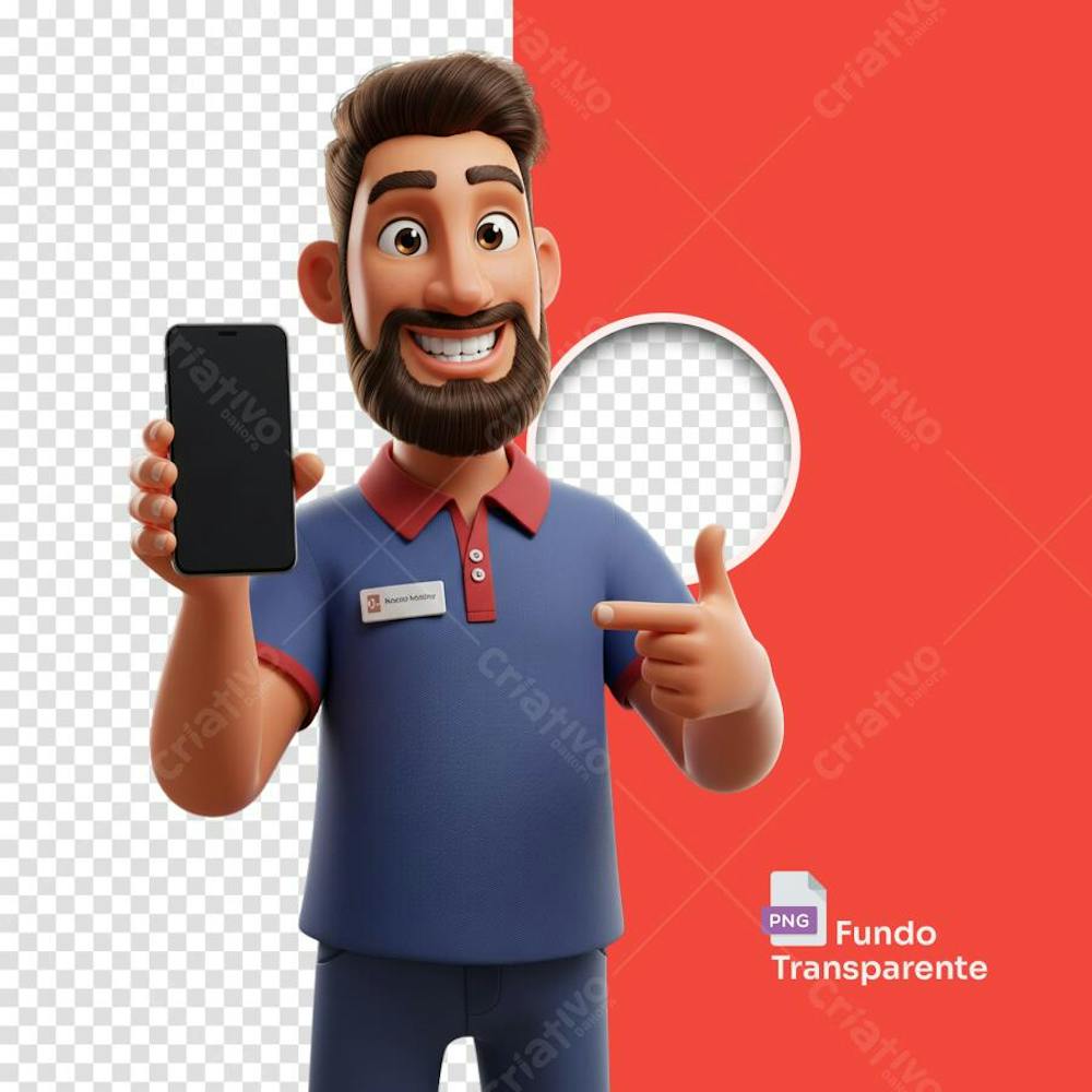 Homem estilo 3D Pixar com camisa azul segurando smartphone