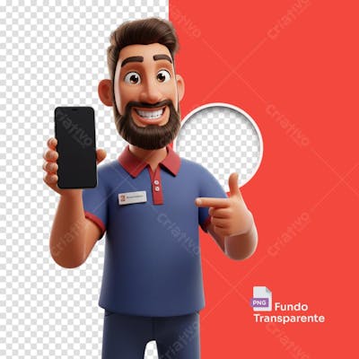 Homem estilo 3D Pixar com camisa azul segurando smartphone