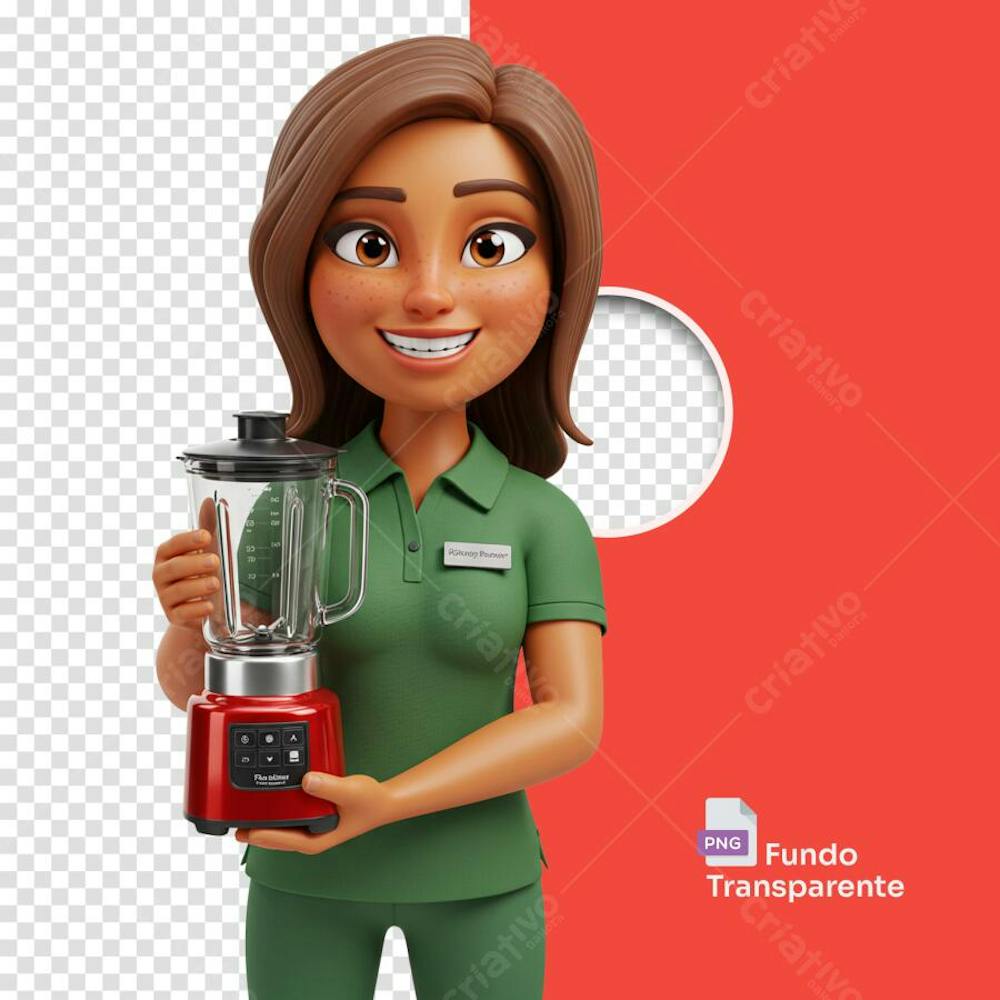 Mulher estilo pixar 3D cartoon com roupa verse segurando liquidificador