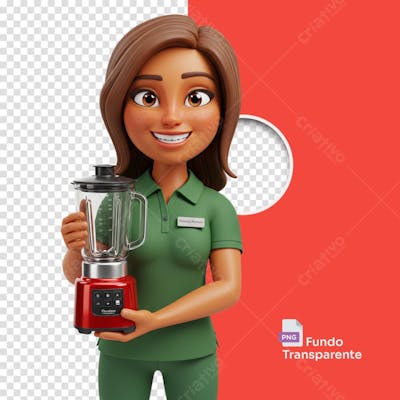 Mulher estilo pixar 3D cartoon com roupa verse segurando liquidificador