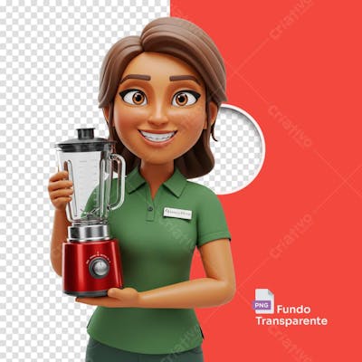Mulher estilo pixar 3D cartoon com roupa verse segurando liquidificador