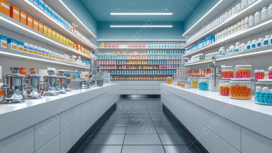 Interior moderna de farmácia com prateleiras cheias