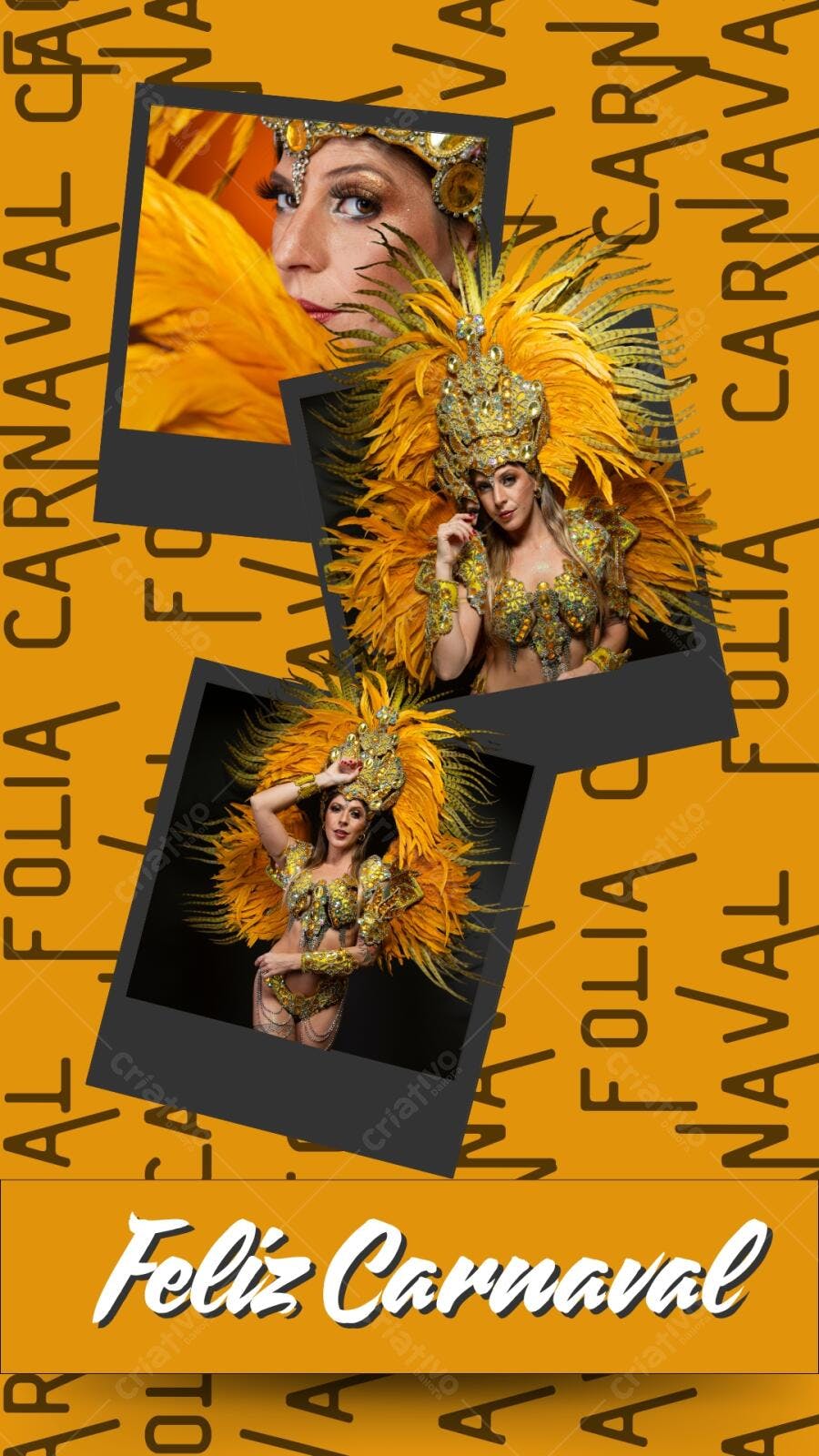 Post Instagram Carnaval com mulher fantasiada amarelo e dourado Editável no Canva