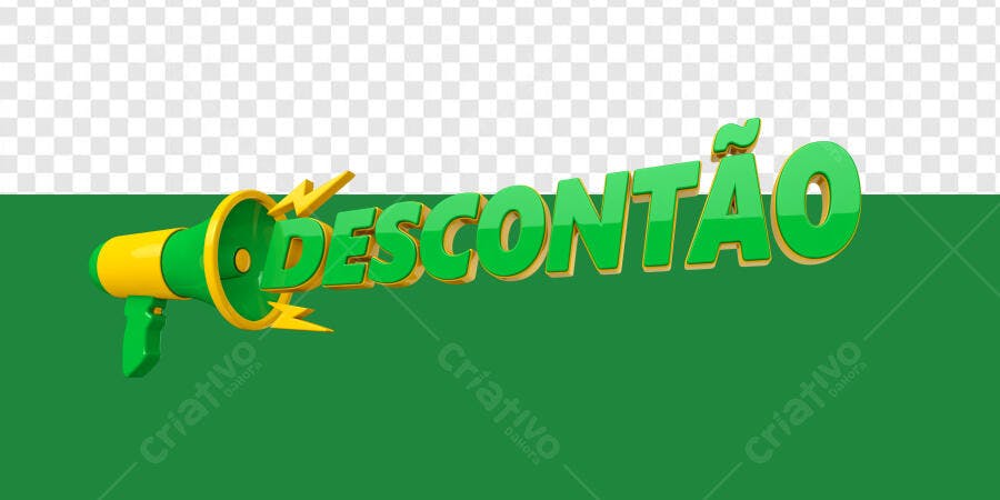 Selo 3D promocional verde e dourado com megafone