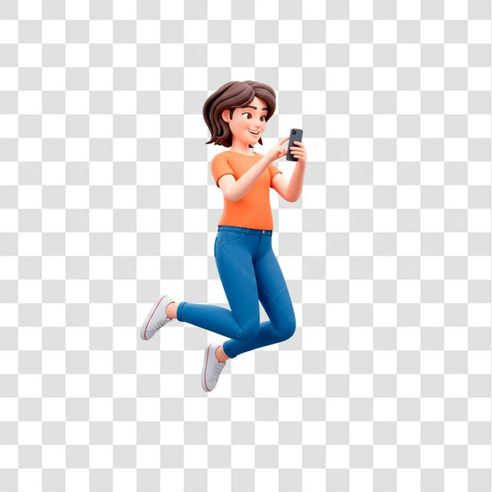 PNG Jovem linda mulher 3D pulando com sorriso no rosto usando smartphone