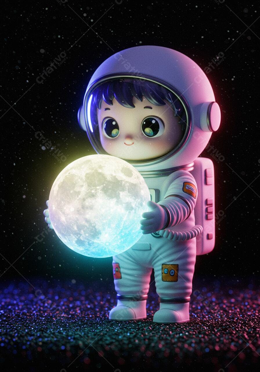 Astronauta Infantil segurando Lua Neon