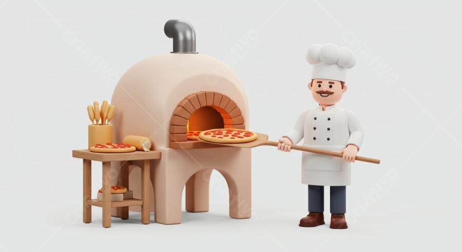 Pizzaiolo com pizza em forno a lenha