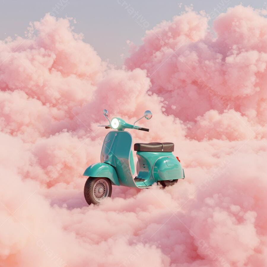 Scooter turquesa em nuvens cor-de-rosa