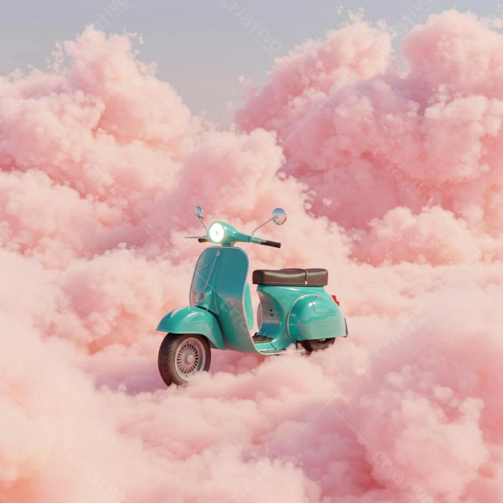 Uma scooter no meio de nuvens rosa
