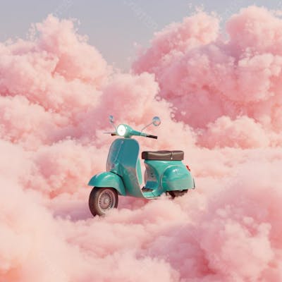 Uma scooter no meio de nuvens rosa