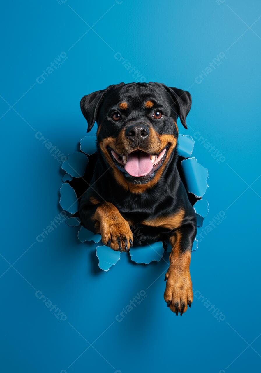 Rottweiler feliz em fundo azul rasgado