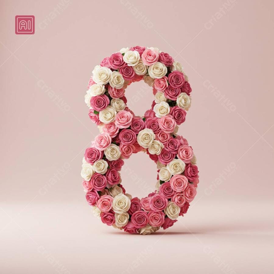 Número 8 de rosas rosa e branco Dia Internacional da Mulher