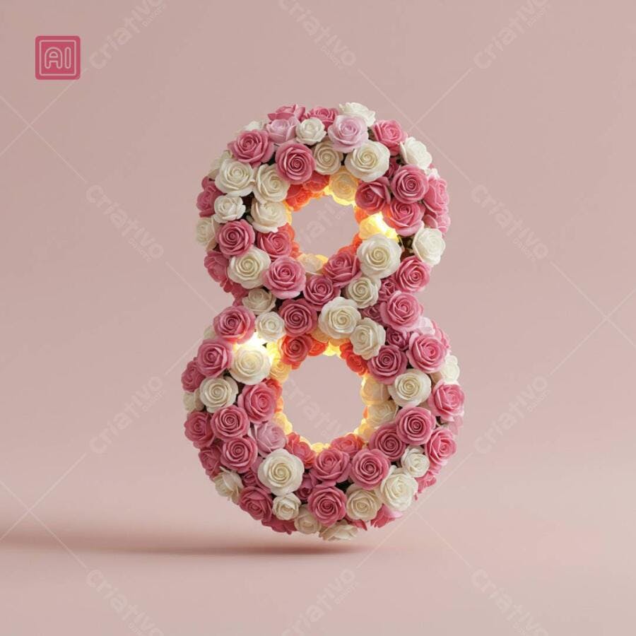 Número 8 feito de rosas cor-de-rosa e brancas