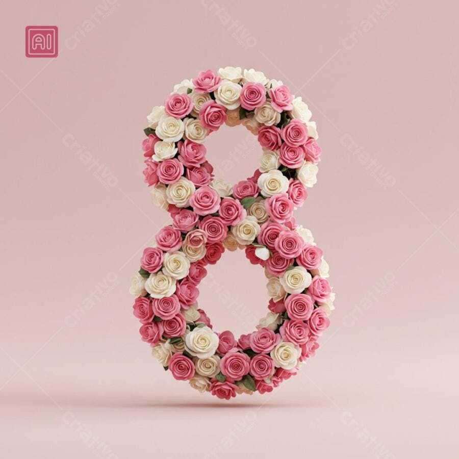 Número 8 em flores rosas e brancas Dia da Mulher