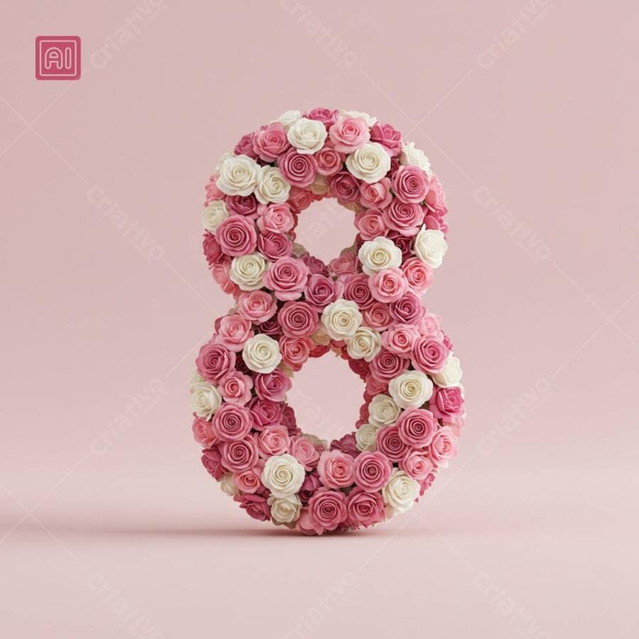 Número 8 de rosas rosa e branco Dia Internacional da Mulher