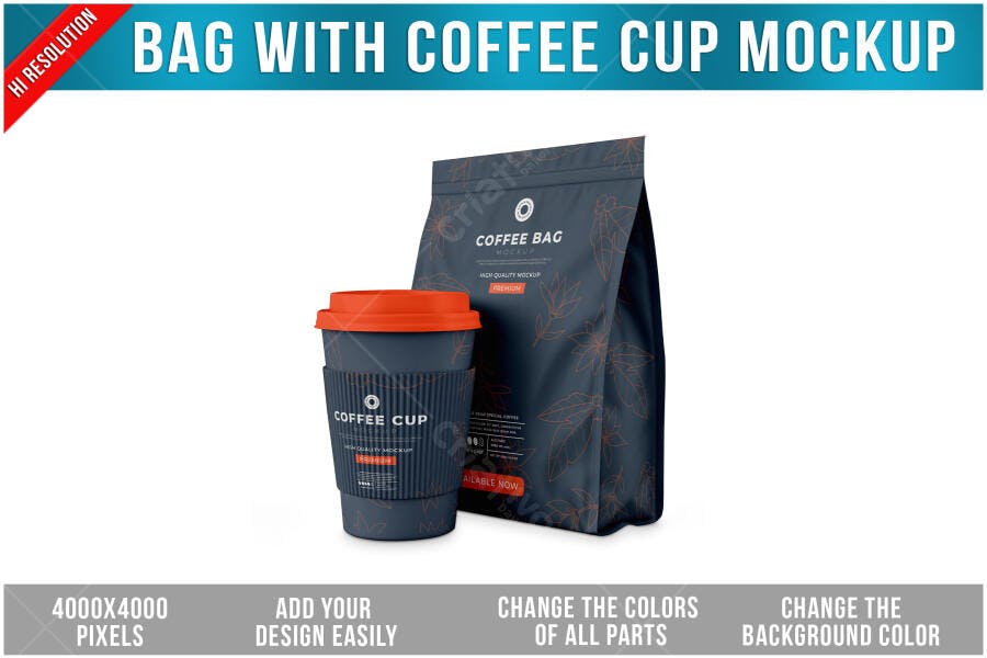 Mockup Realista: Embalagem e Copo de Café Escuro