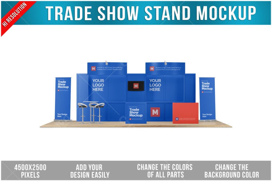 Mockup Realista de Stand para Feira: Azul e Madeira
