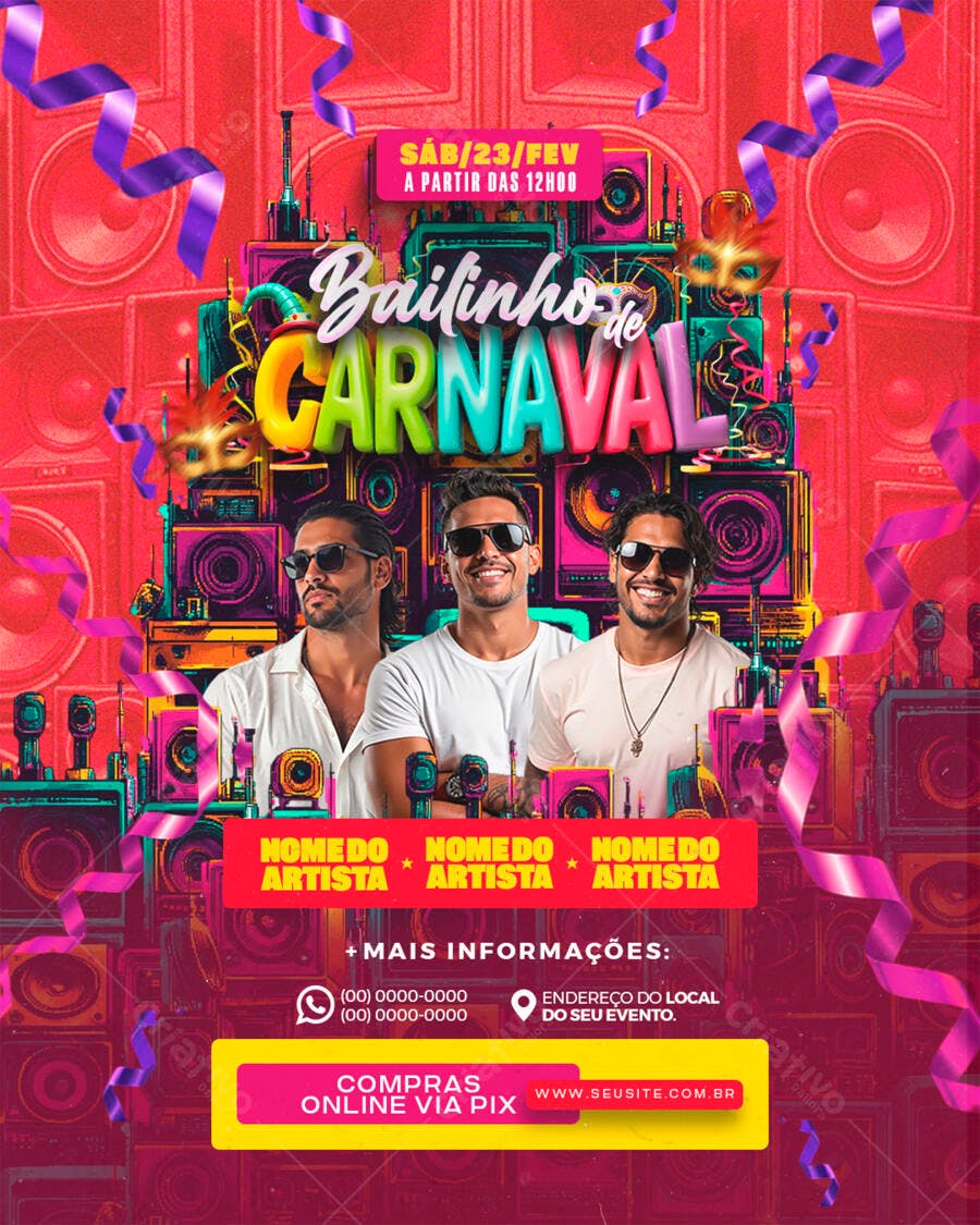 Flyer Bailinho de Carnaval 23/Fev PSD Editável