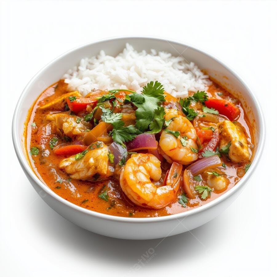 Camarão e Frango ao Curry com Arroz