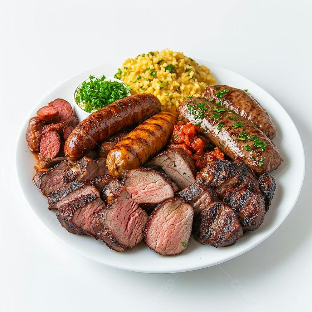 Um prato com churrasco gaúcho, cheio de cortes de carne assados