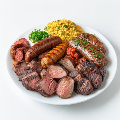 Um prato com churrasco gaúcho, cheio de cortes de carne assados