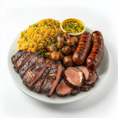 Um prato com churrasco gaúcho, cheio de cortes de carne assados