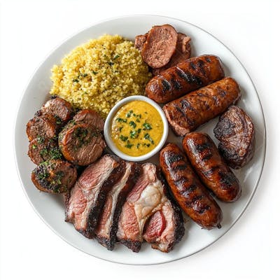 Um prato com churrasco gaúcho, cheio de cortes de carne assados