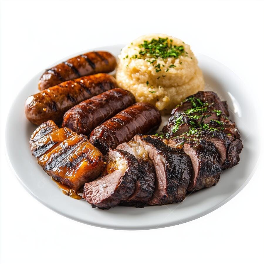 Prato de Churrasco com Purê e Salsichas