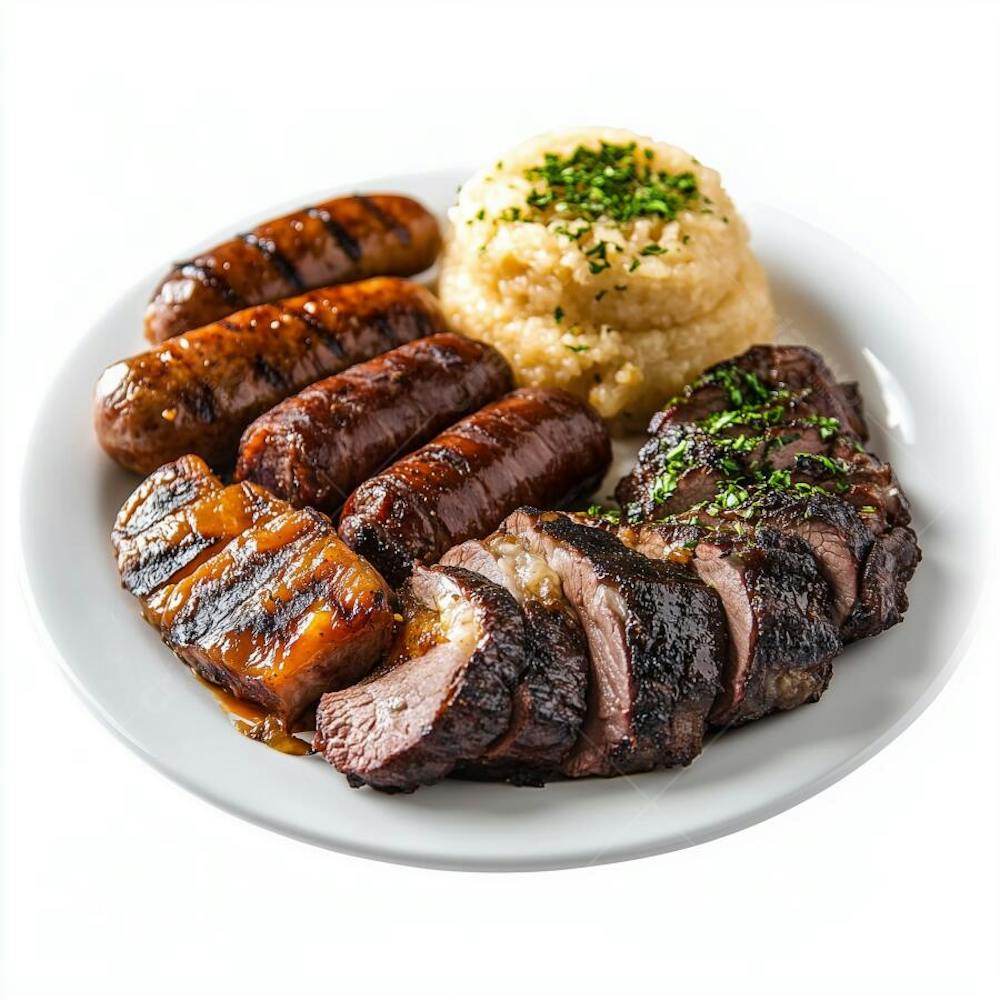 Um prato com churrasco gaúcho, cheio de cortes de carne assados
