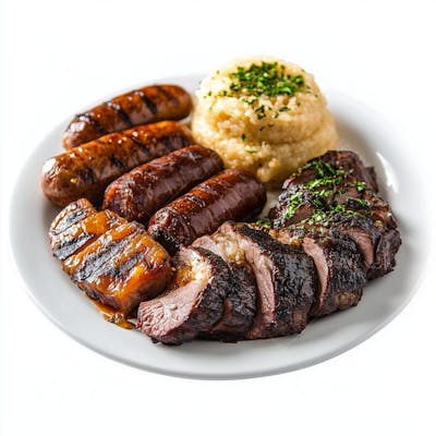 Um prato com churrasco gaúcho, cheio de cortes de carne assados