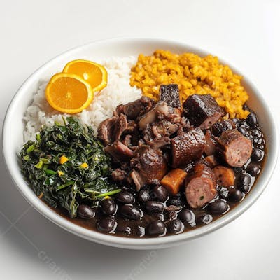 Prato de feijoada com arroz, carne de porco e costelinha