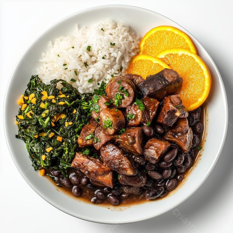 Feijoada deliciosa com arroz branco e laranja