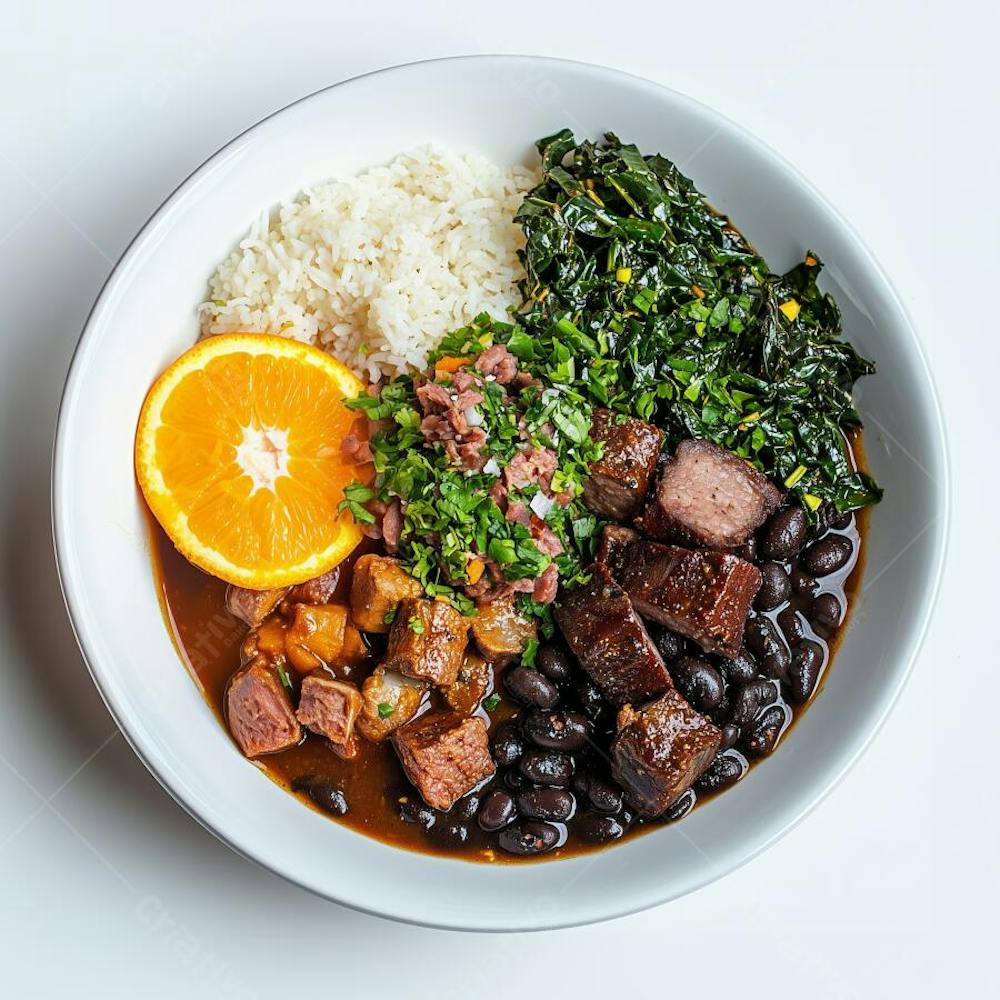 Prato de feijoada com arroz, carne de porco e costelinha