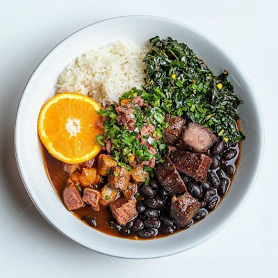 Prato de feijoada com arroz, carne de porco e costelinha